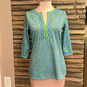Gretchen Scott Womens V Neck Tunic Top Blouse Size Shrimp (XXS) Green Blue